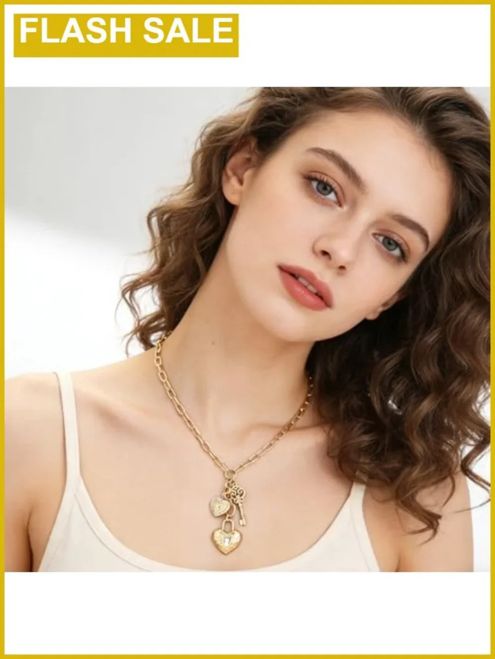 18K Gold Plated Heart Lock Key Pendant Necklace Paperclip Chain Choker